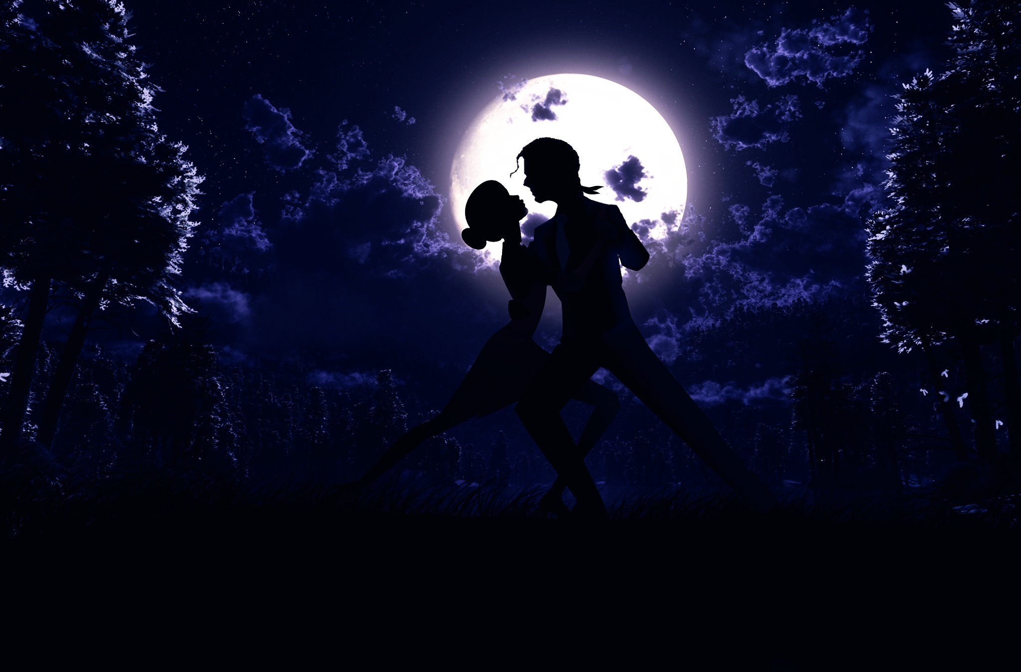 В объятиях ночи очарование. Пара на фоне Луны. Пара на темном фоне. Танцы под луной. Парень и девушка под луной.